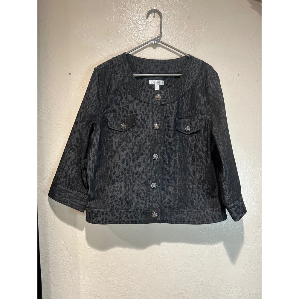 Dressbarn Womens XL Black Grey Leopard Print Denim Jacket 3/4 Sleeve Collarless